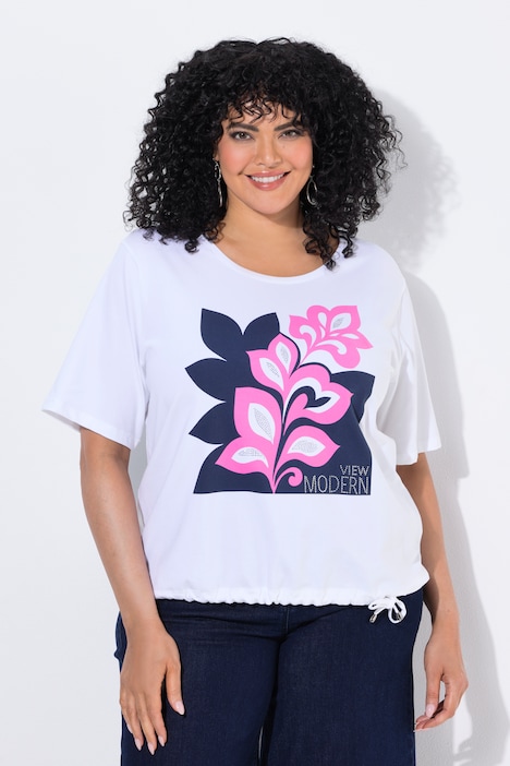 T-Shirt, Palmenblätter, Boxy, Rundhals, Halbarm, Saumband