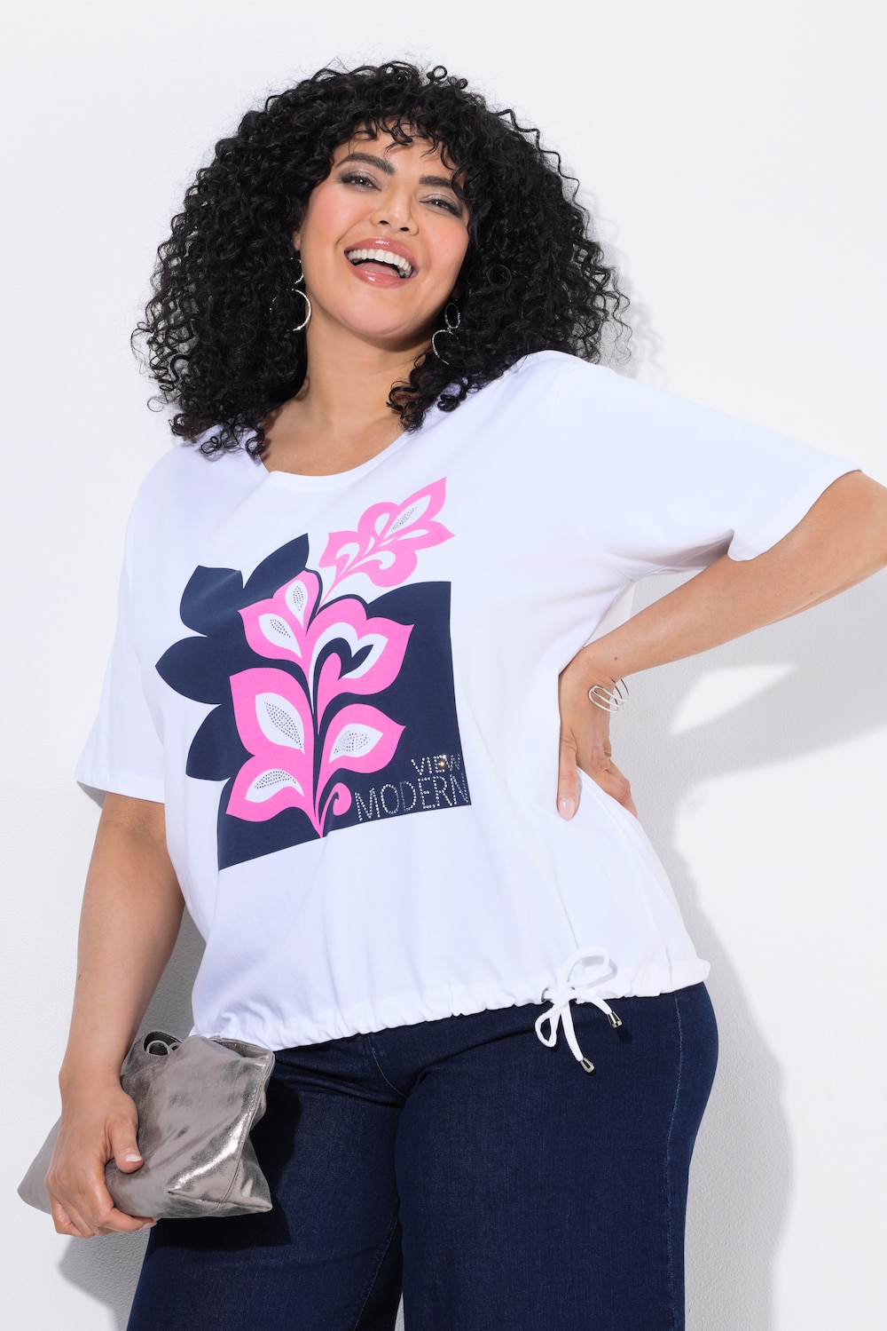 T-Shirt, Palmenblätter, Boxy, Rundhals, Halbarm, Saumband