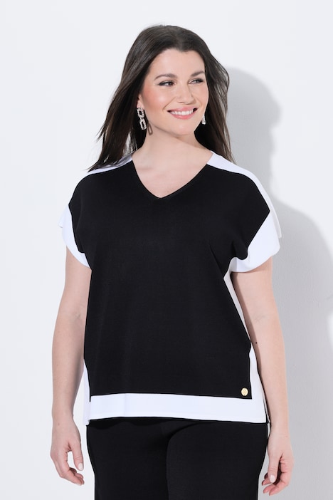 Pull-over, design color block, col en V, manches mi-longues