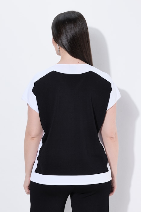 Pull-over, design color block, col en V, manches mi-longues