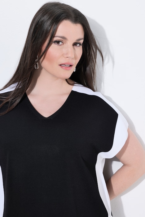 Pull-over, design color block, col en V, manches mi-longues