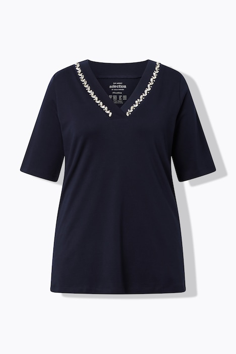 T-shirt en coton Pima, pierres fantaisie, décolleté en V et manches courtes