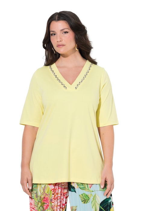 Tričko, ozdobné kamínky, V výstřih, polodlouhý rukáv, bavlna Pima