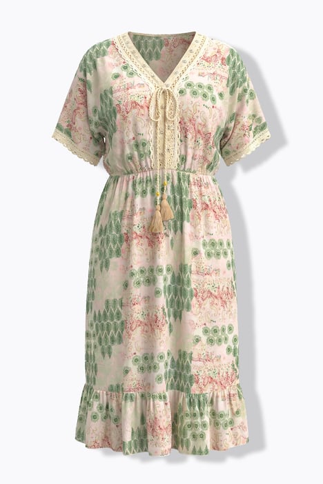 Midi-jurk, comfortabele pasvorm, all-over print, kanten linten