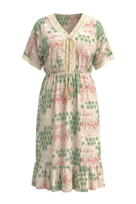 Midi šaty, volný střih, celoplošný vzor, krajkové stuhy