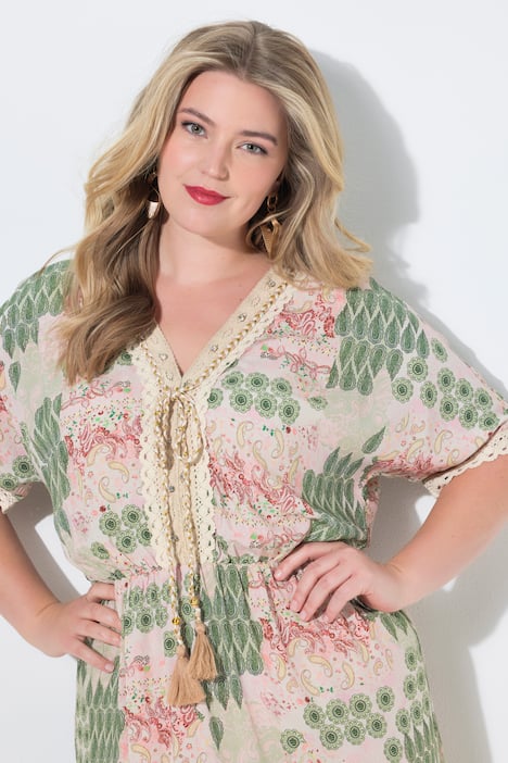 Midi-jurk, comfortabele pasvorm, all-over print, kanten linten