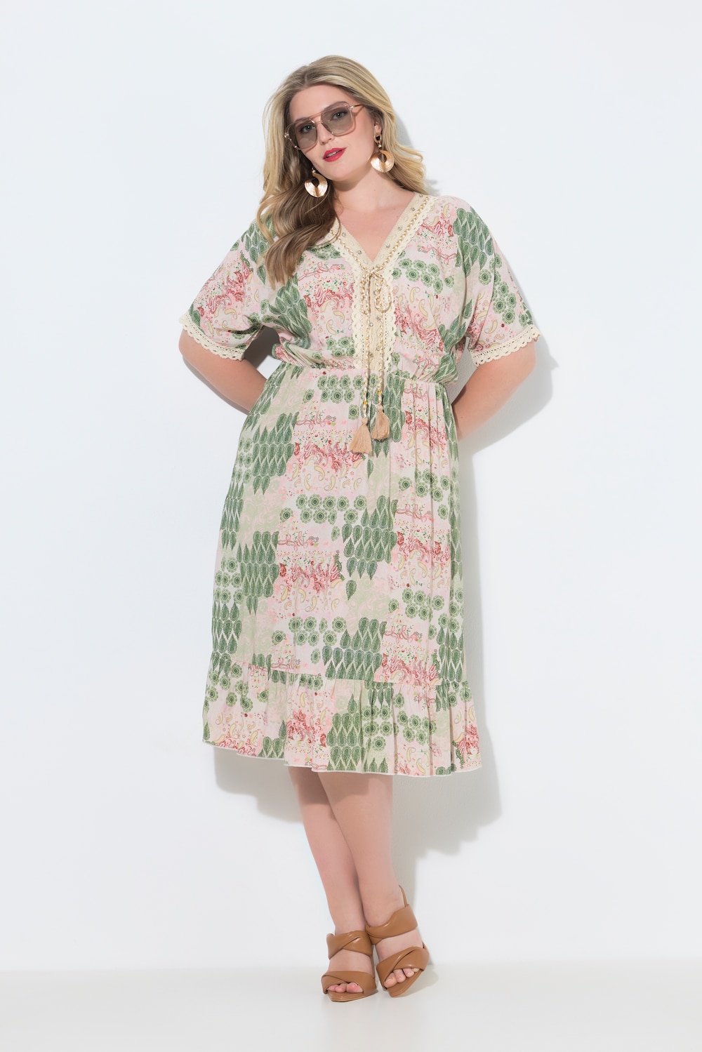 Midi-jurk, comfortabele pasvorm, all-over print, kanten linten