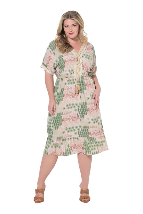 Midi šaty, volný střih, celoplošný vzor, krajkové stuhy