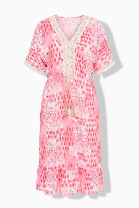 Midi-jurk, comfortabele pasvorm, all-over print, kanten linten