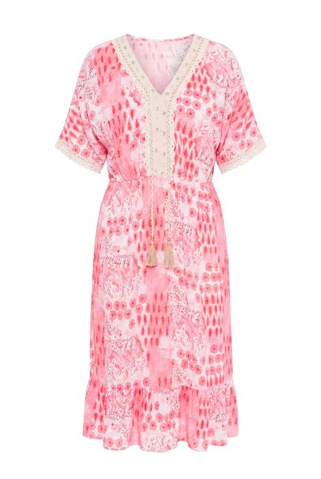 Midi šaty, volný střih, celoplošný vzor, krajkové stuhy