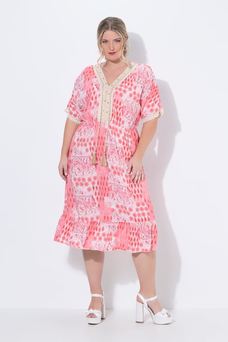 Midi-jurk, comfortabele pasvorm, all-over print, kanten linten