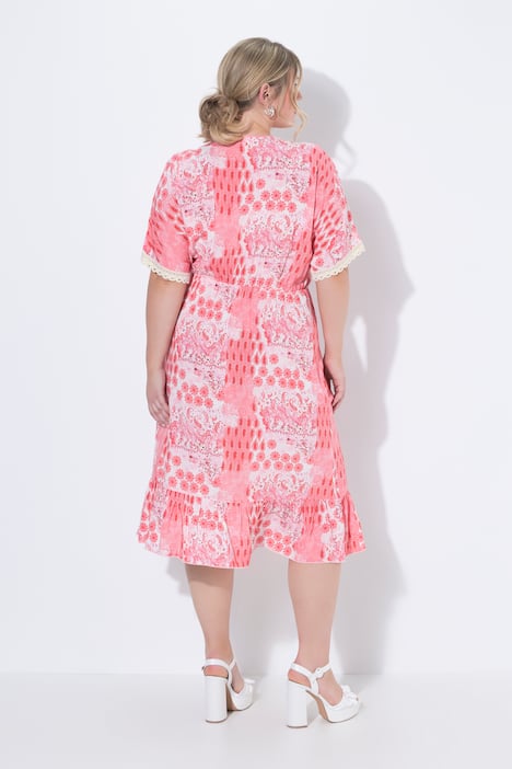 Midi-jurk, comfortabele pasvorm, all-over print, kanten linten