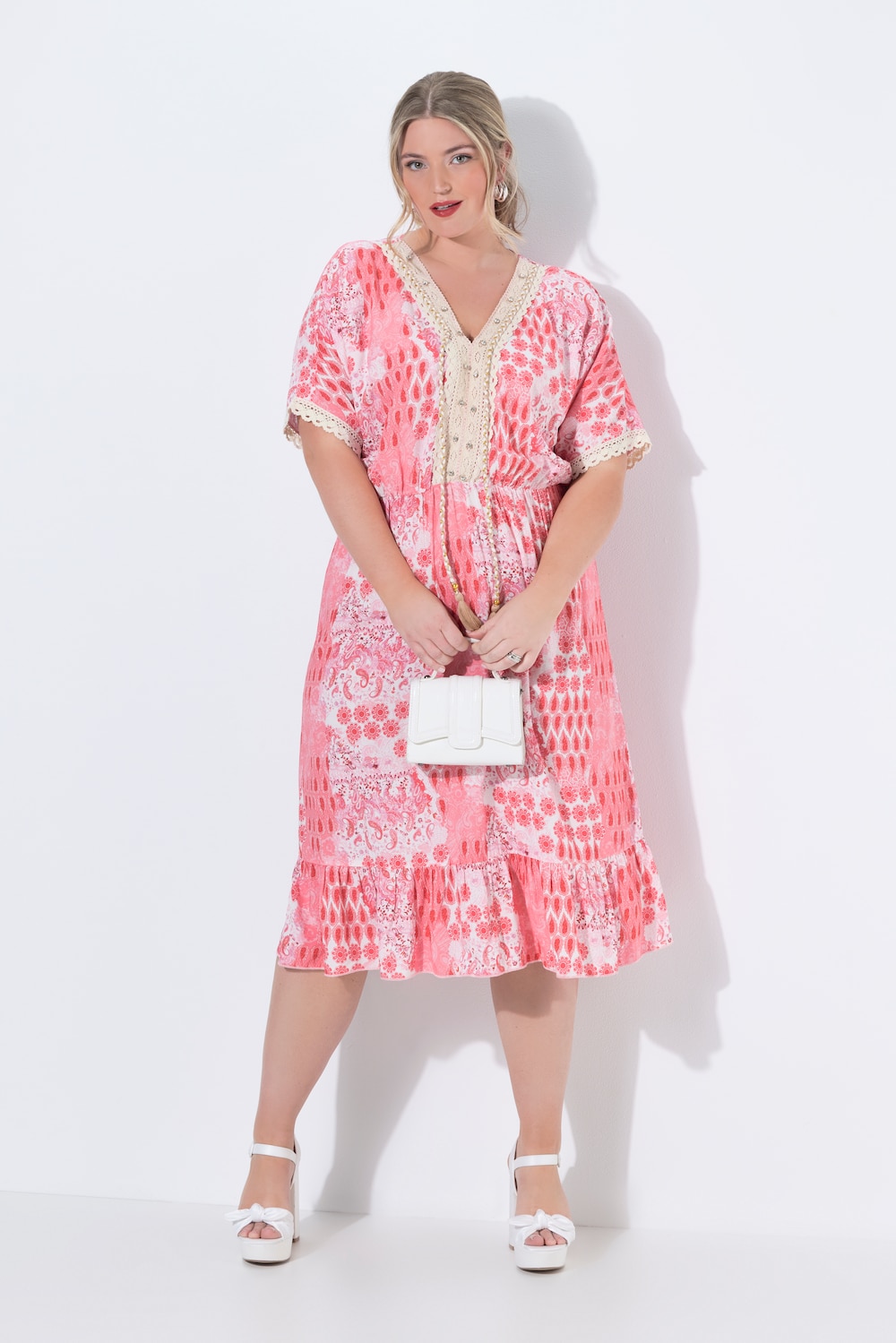 Midi-jurk, comfortabele pasvorm, all-over print, kanten linten