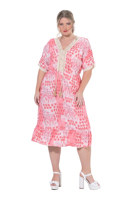 Midi šaty, volný střih, celoplošný vzor, krajkové stuhy