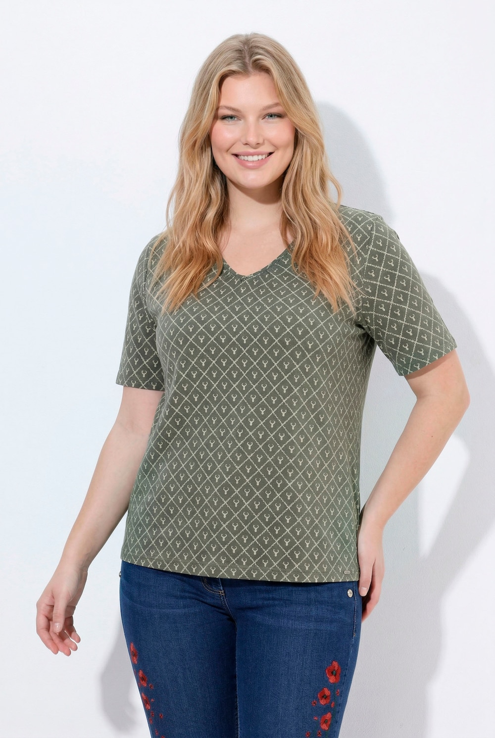 T-shirt, hertengewei, A-lijn, V-hals, korte mouw