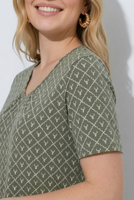 T-Shirt, Hirschgeweih, A-Linie, V-Ausschnitt, Halbarm