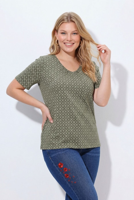 T-Shirt, Hirschgeweih, A-Linie, V-Ausschnitt, Halbarm