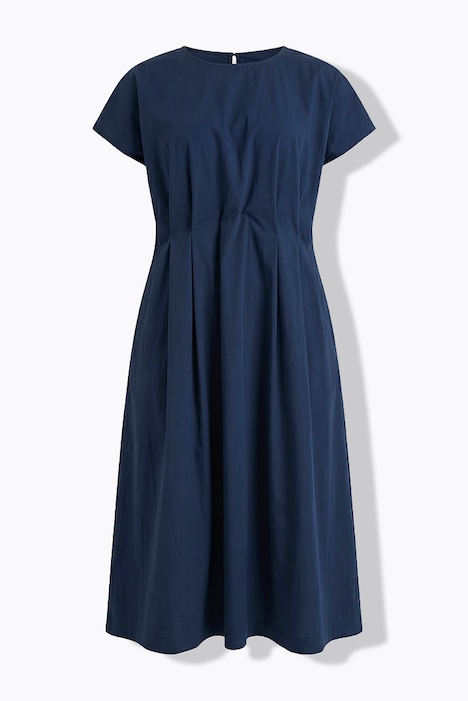 Robe longue, plis décoratifs, cintrée, col rond, manches mi-longues