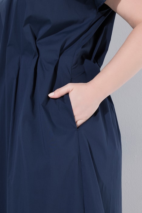 Robe longue, plis décoratifs, cintrée, col rond, manches mi-longues