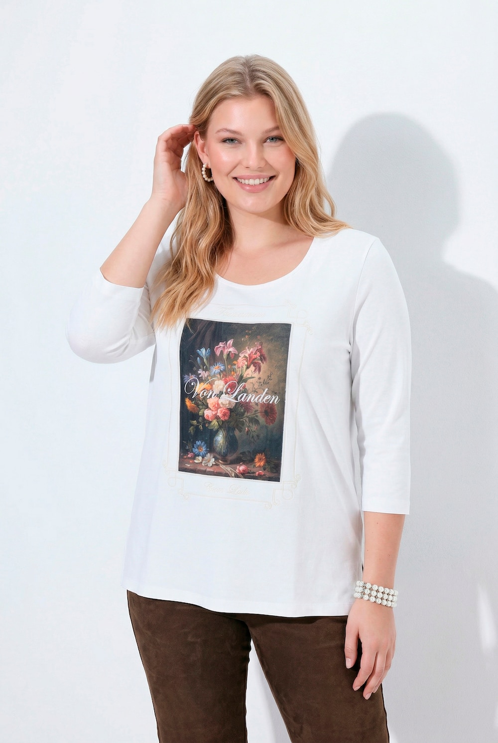 Shirt, Stickerei, Classic, Carré-Ausschnitt, 3/4-Arm