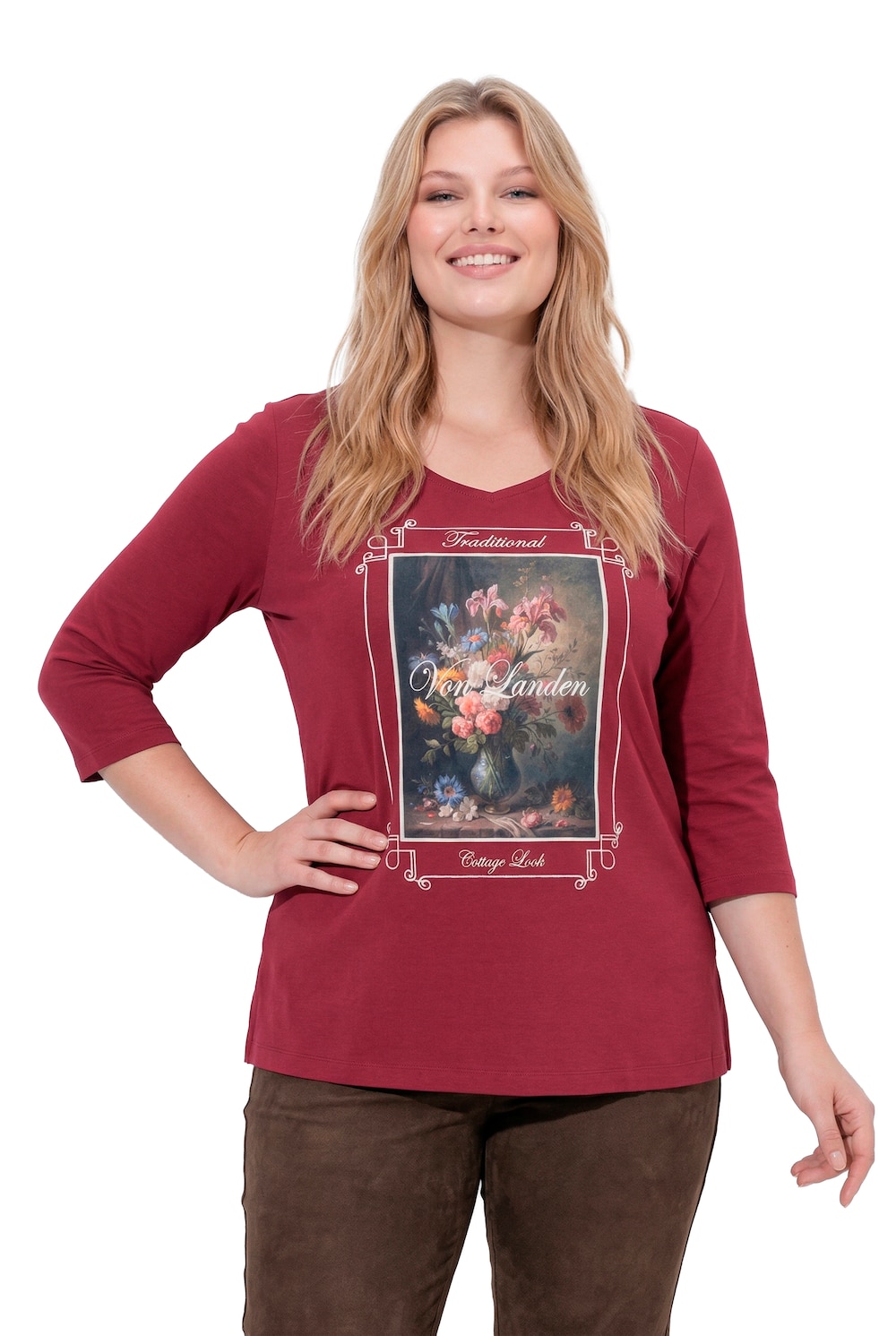 Skjorte, broderi, klassisk, firkantet utrigning, 3/4 ermer