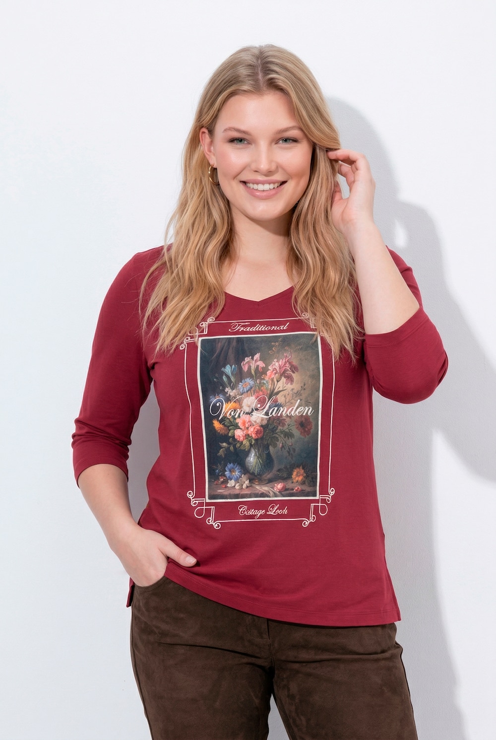Shirt, Stickerei, Classic, Carré-Ausschnitt, 3/4-Arm