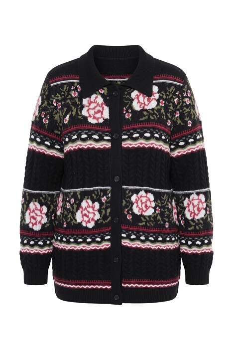 Strickjacke, Blumenstreifen, Hemdkragen, Langarm