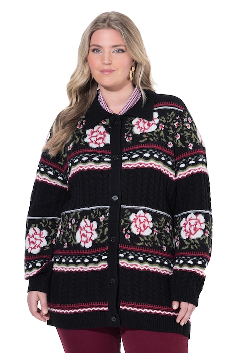 Strickjacke, Blumenstreifen, Hemdkragen, Langarm
