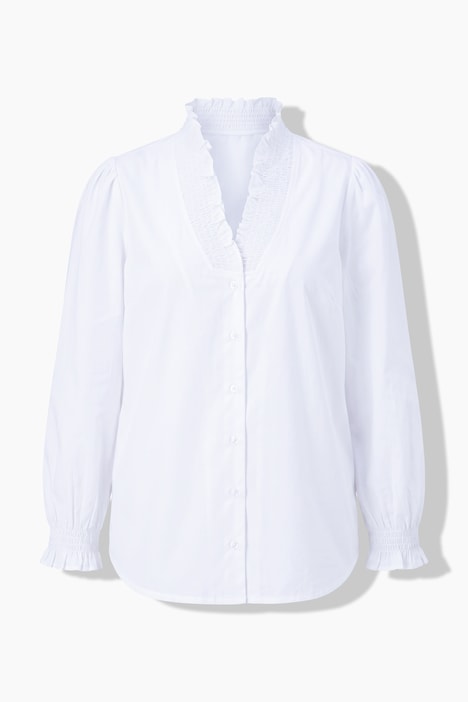 Bluse, Rüsche, Smok-Details, V-Ausschnitt, Langarm