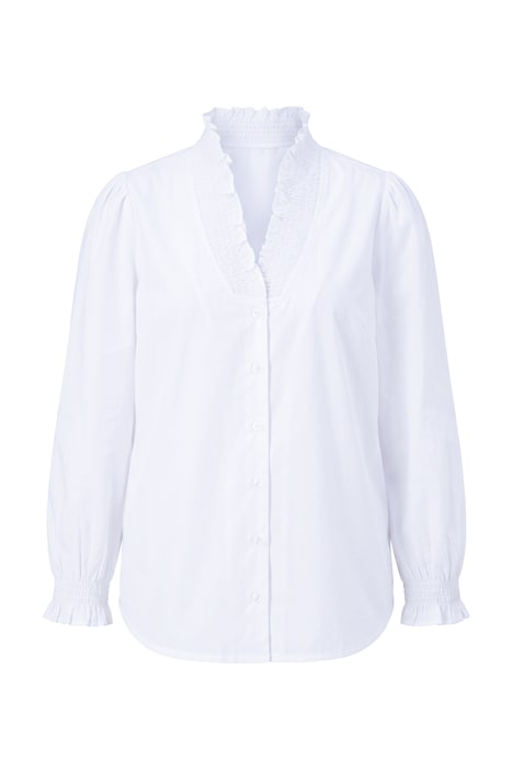 Bluse, Rüsche, Smok-Details, V-Ausschnitt, Langarm