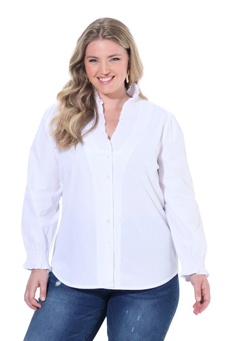 Bluse, Rüsche, Smok-Details, V-Ausschnitt, Langarm