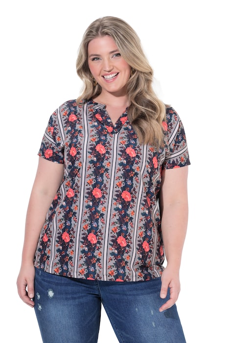 Shirtbluse, Gobelin-Druck, Oversized, V-Ausschnitt, Halbarm