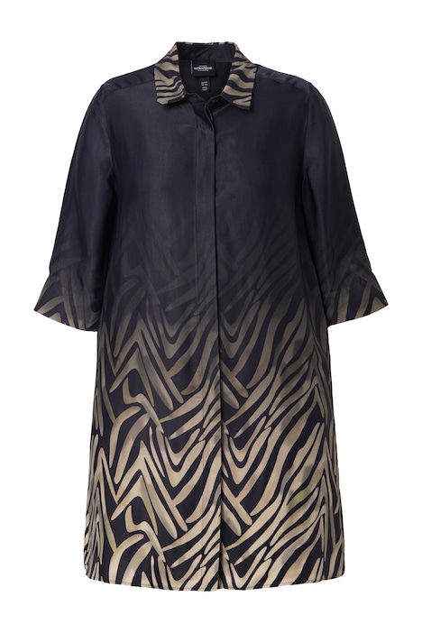 Saténová dlouhá halenka, áčkový střih, košilový límec, 3/4 rukávy, kapsy