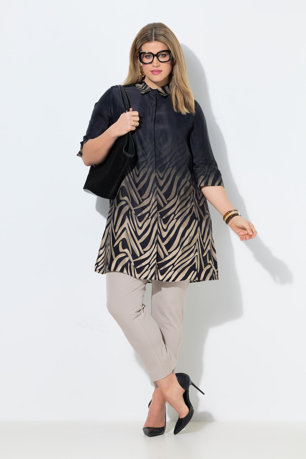 Satin-Longbluse, A-Linie, Hemdkragen, 3/4-Arm, Taschen