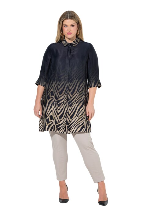 Saténová dlouhá halenka, áčkový střih, košilový límec, 3/4 rukávy, kapsy