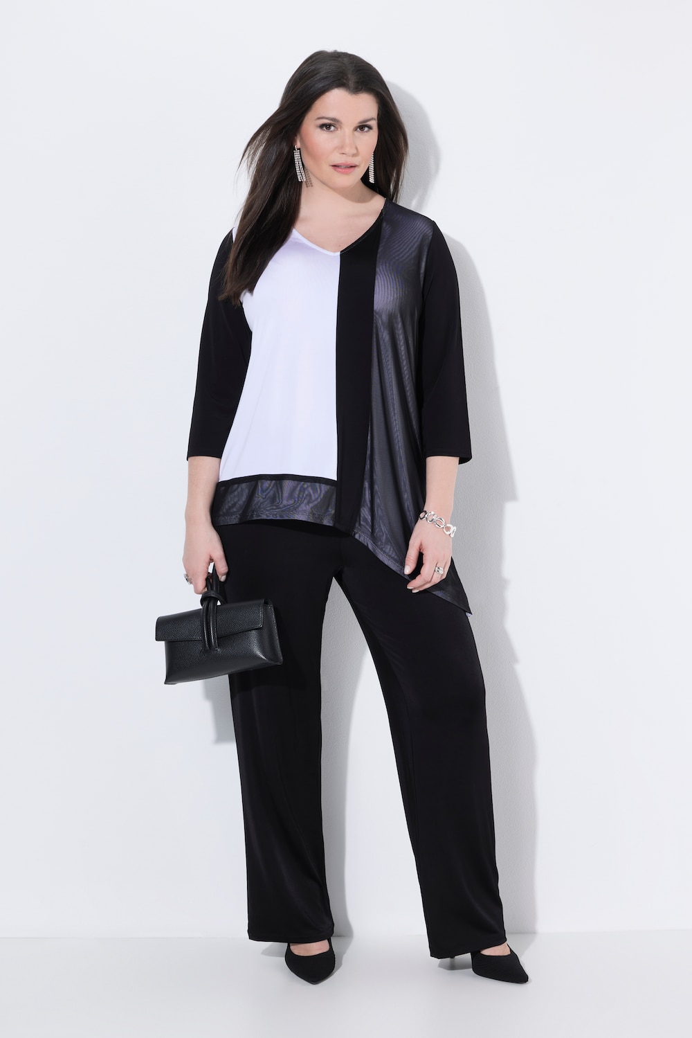 Slinky-Shirt, Zipfelsaum, A-Linie, V-Ausschnitt, 3/4-Arm