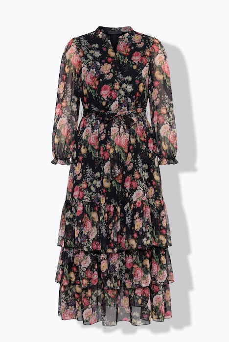 Maxikleid, Blüten, Chiffon, Stehkragen, Langarm