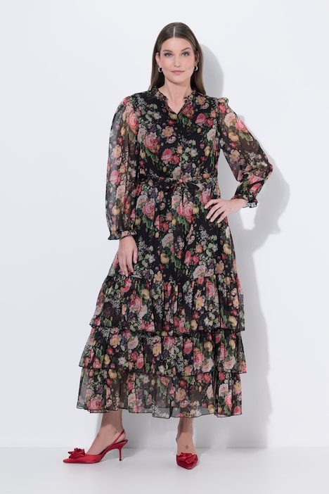 Maxikleid, Blüten, Chiffon, Stehkragen, Langarm