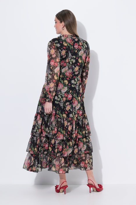 Maxikleid, Blüten, Chiffon, Stehkragen, Langarm