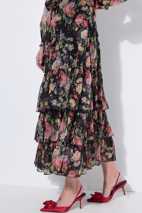 Maxikleid, Blüten, Chiffon, Stehkragen, Langarm