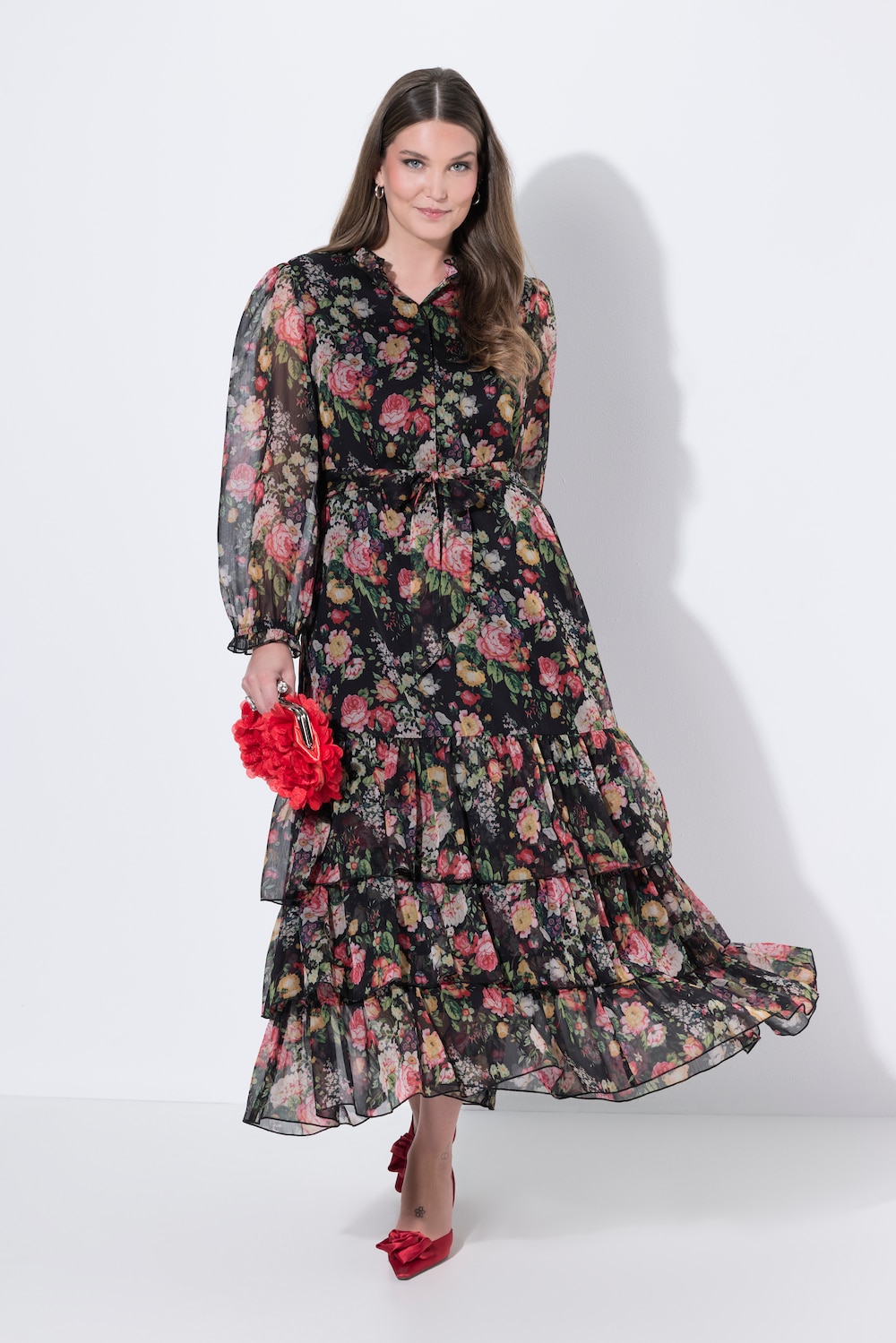 Maxikleid, Blüten, Chiffon, Stehkragen, Langarm