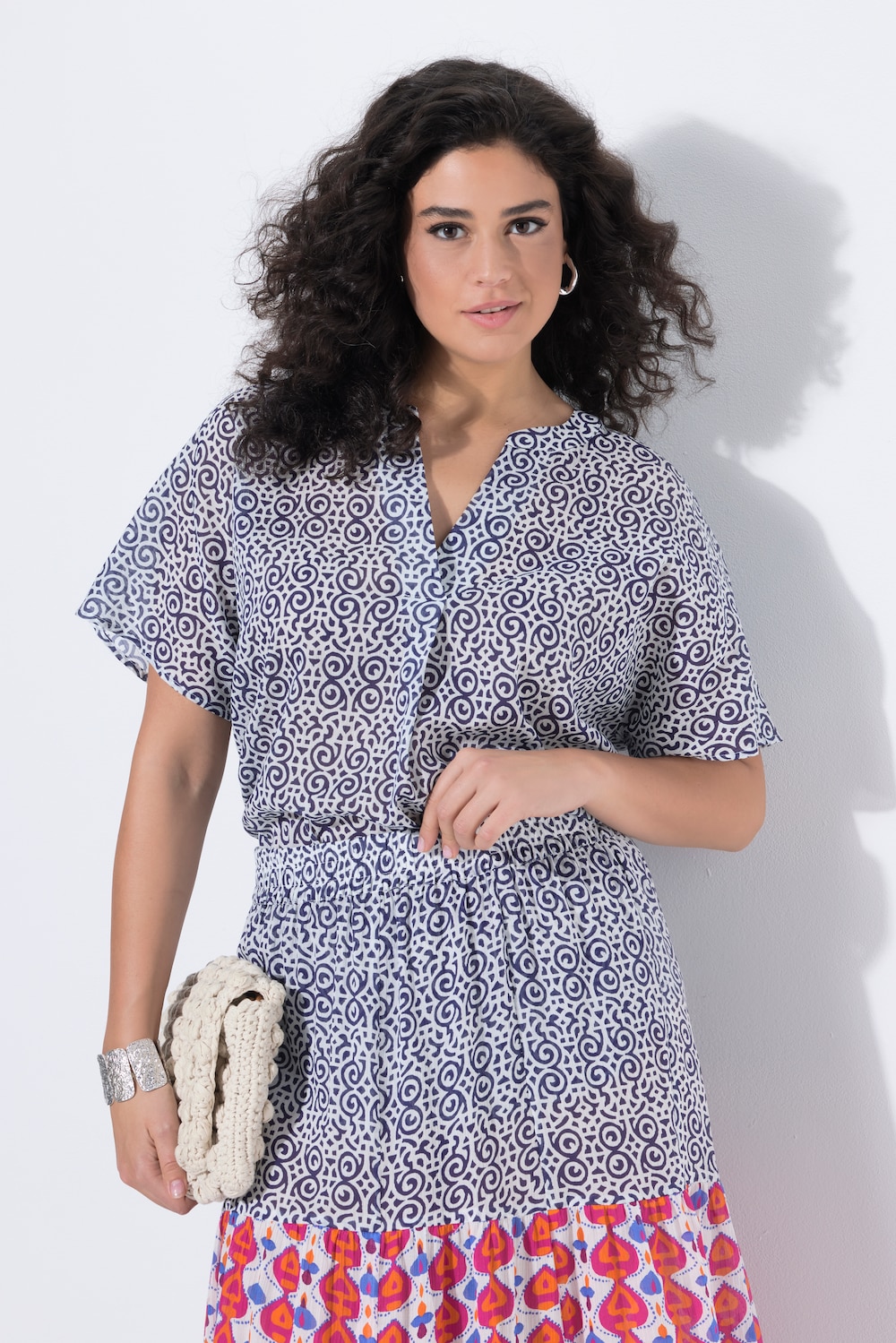 Bluse, gemustert, Zierfalte, Stehkragen, Halbarm