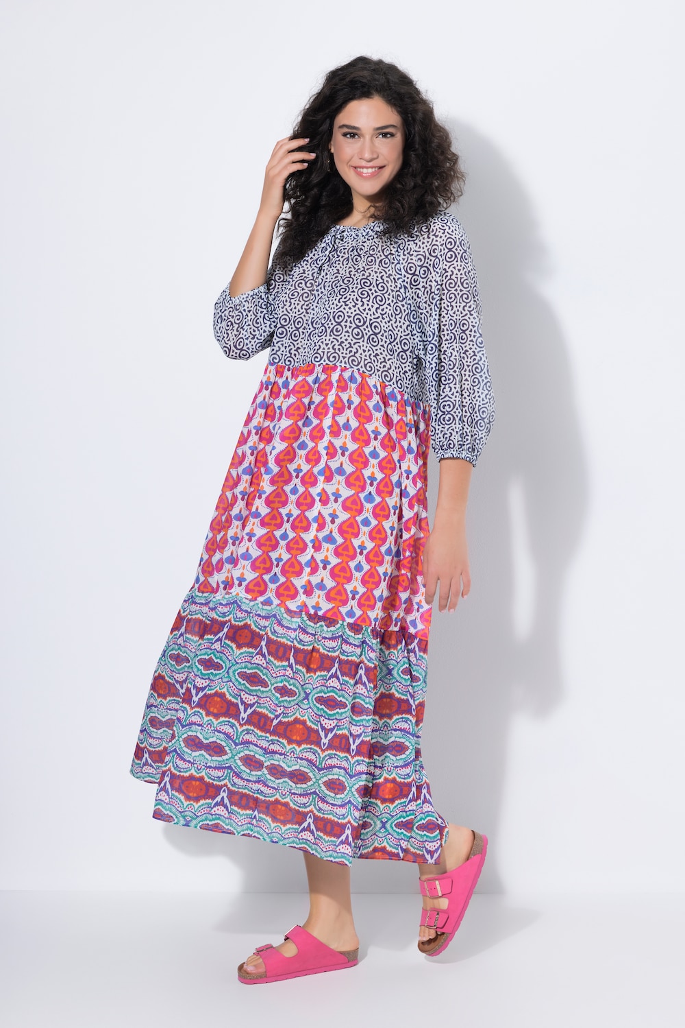 Maxikleid, Boho-Style, A-Linie, Rundhals, 3/4-Arm