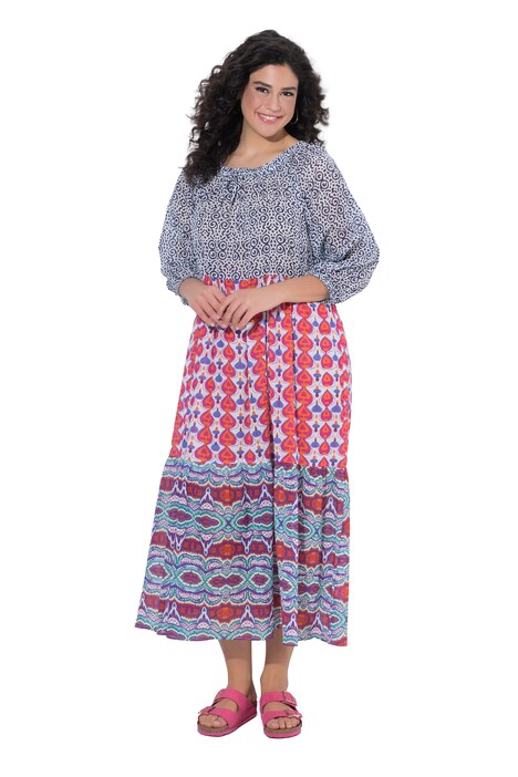 Maxi šaty, boho styl, áčkový střih, kulatý výstřih, 3/4 rukávy