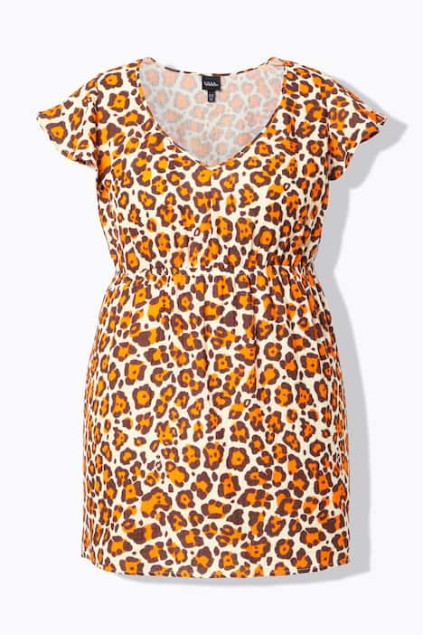 Blus, leopardmönster, volang, A-linjemodell, v-ringning, ärmlös