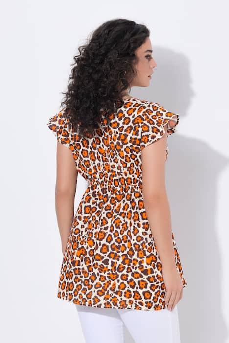 Blus, leopardmönster, volang, A-linjemodell, v-ringning, ärmlös