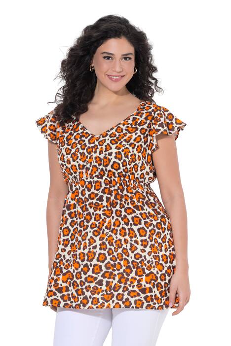 Halenka, leopardí vzor, volánky, áčkový střih, V výstřih, bez rukávů