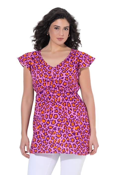 Halenka, leopardí vzor, volánky, áčkový střih, V výstřih, bez rukávů