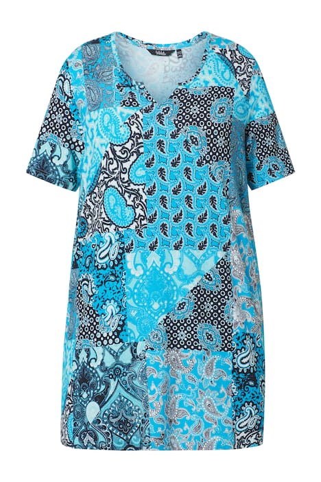 Tunika, patchworkový vzor, áčkový střih, tunikový výstřih, polodlouhý rukáv