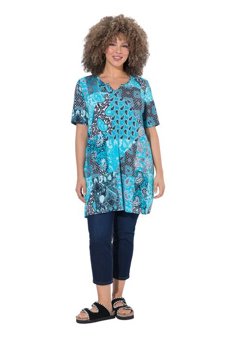 Tunika, patchworkový vzor, áčkový střih, tunikový výstřih, polodlouhý rukáv